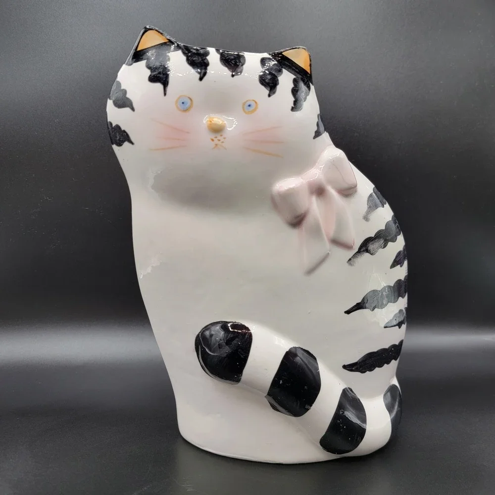 Vtg Ceramic Flat Cat Figurines 1991 Black & White Striped Pink Bow Hand Painted